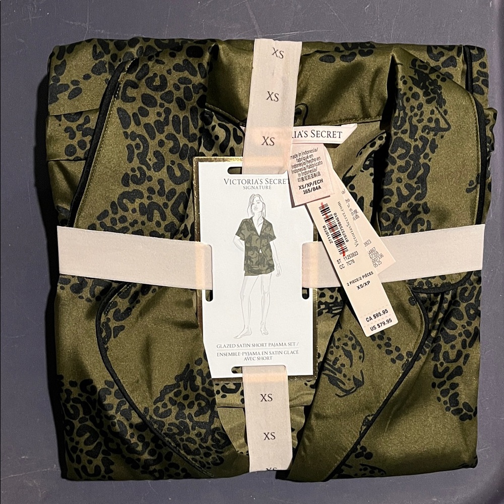 Victoria's Secret Olive Green and Black Satin Leopard Pajama Set